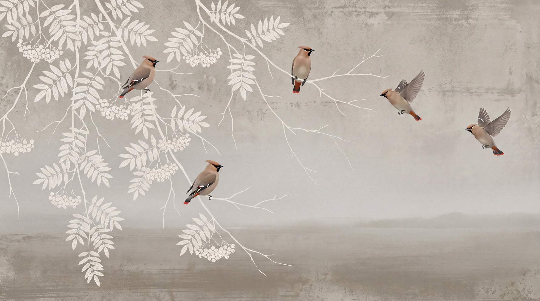 Hushed Aviary Beige Chinoiserie Wallpaper - Botanical Animal Leaf Japanese Wall Mural - Design
