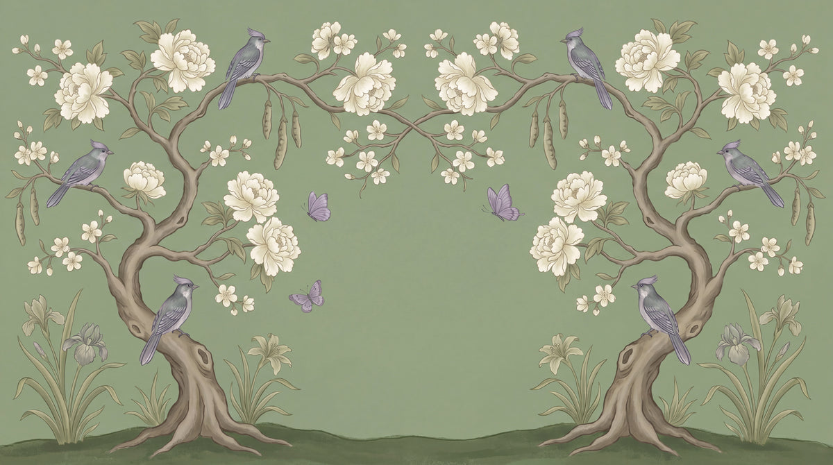 Hushed Aviary Green Chinoiserie Wallpaper - Sage Floral Botanical Vintage Flower Wall Mural - Design