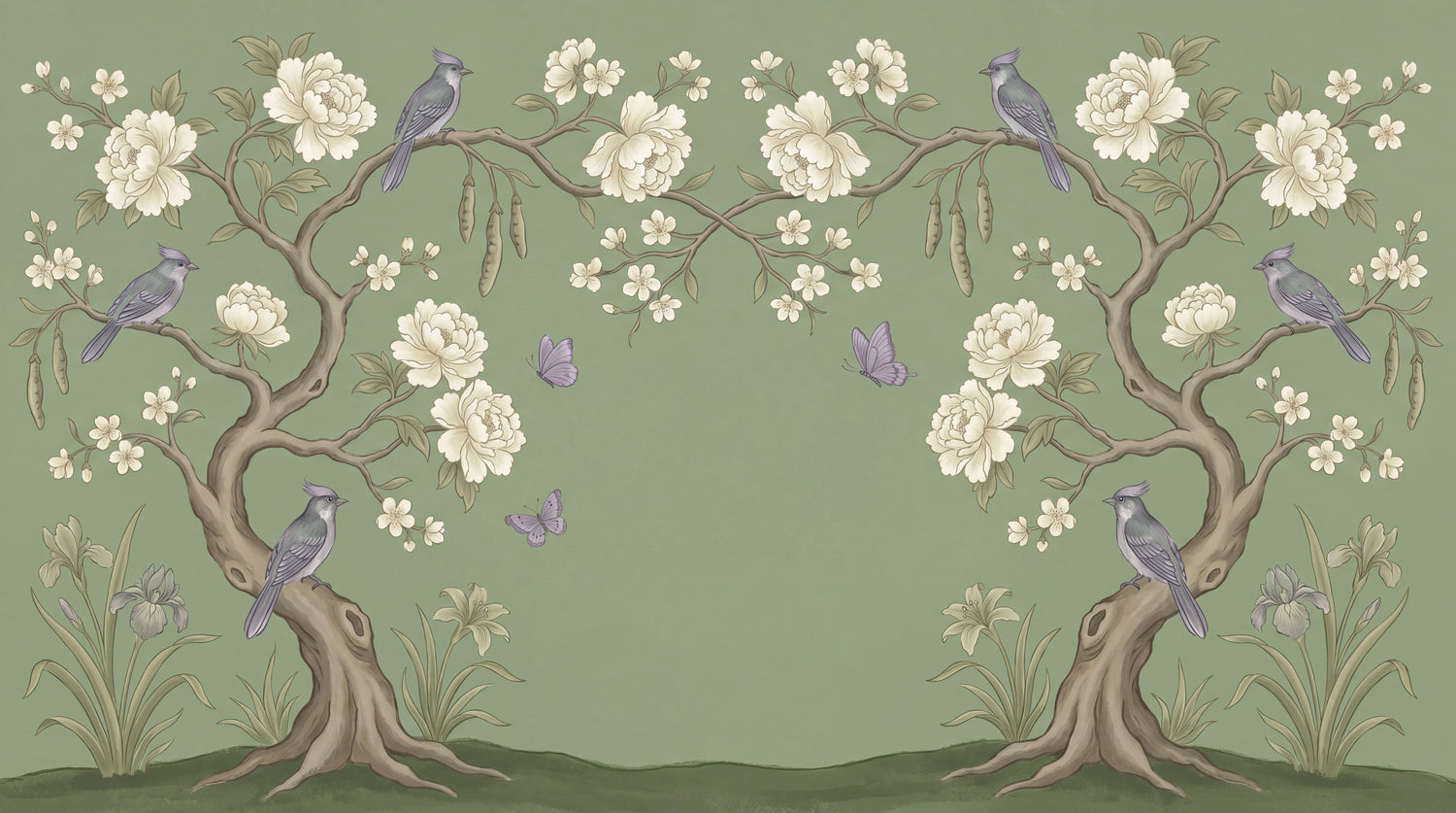 Hushed Aviary Green Chinoiserie Wallpaper - Sage Floral Botanical Vintage Flower Wall Mural - Design