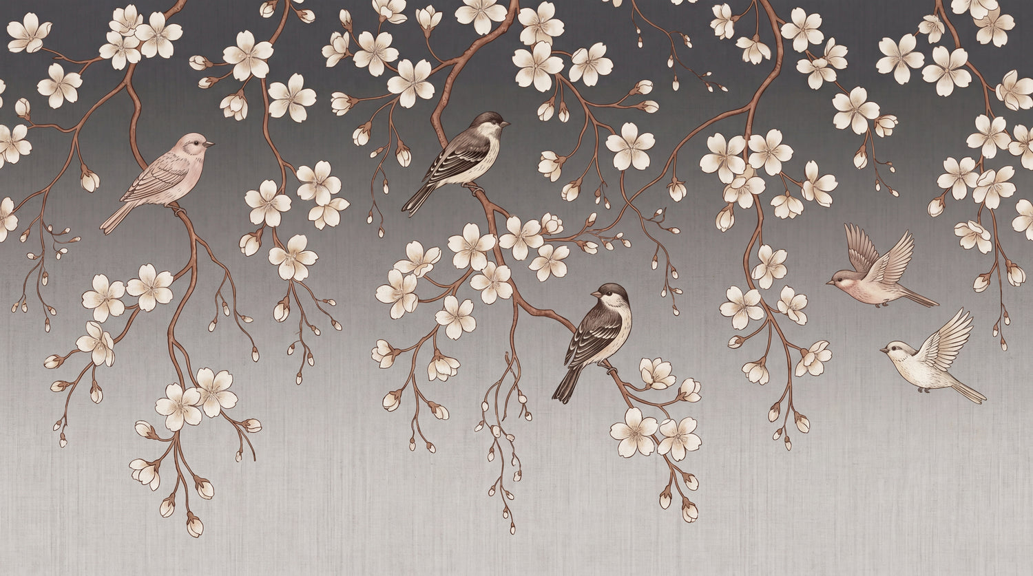 Hushed Bloom - Gray Cherry Blossom Wallpaper - Chinoiserie Japanese Floral Vintage Botanical Wall Mural - Design