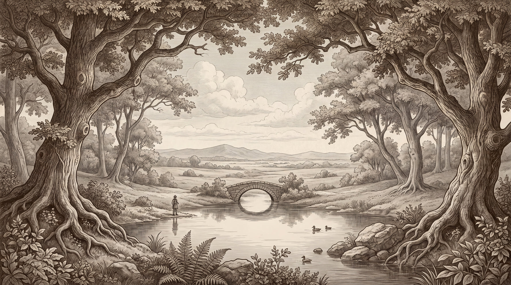 Hushed Grove Beige Forest Wallpaper - Vintage Woodland Landscape Scenery Wall Mural - Design