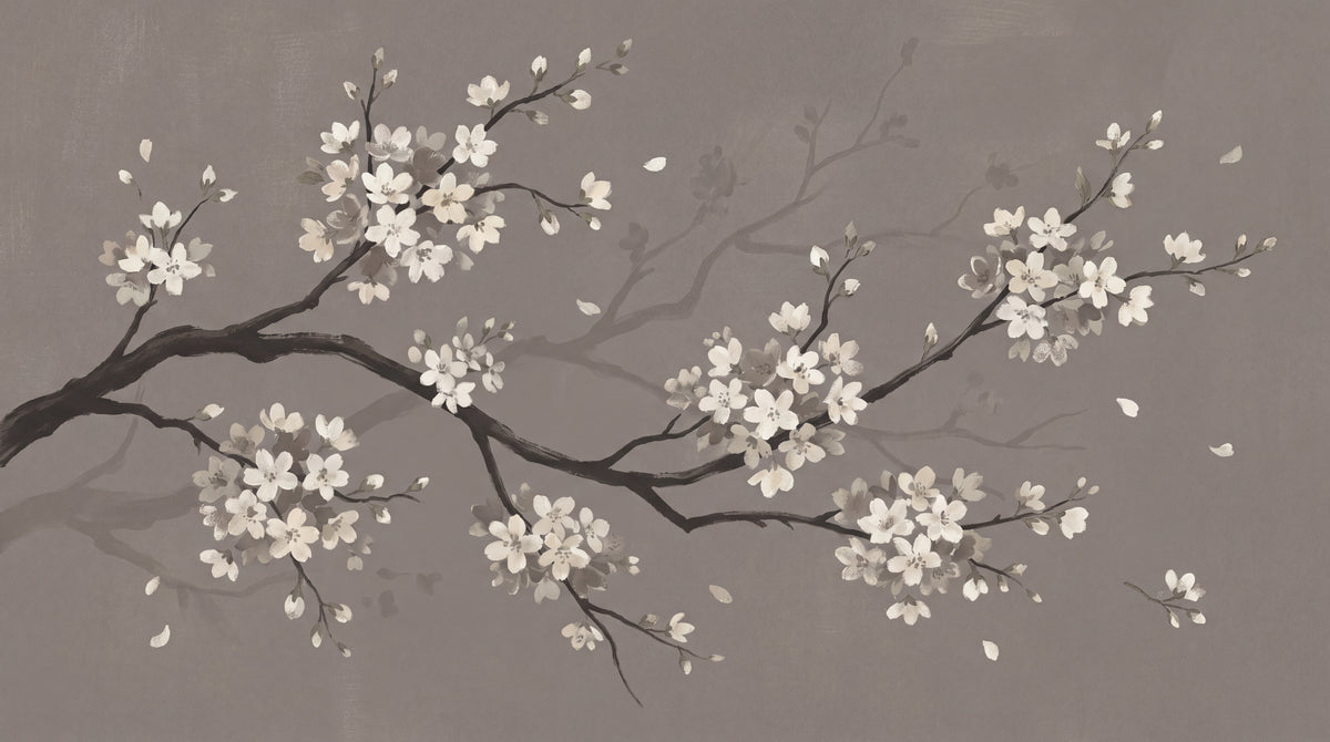 Hushed Petals - Gray Cherry Blossom Wallpaper - Minimalist Floral Botanical Flower Peel and Stick Mural - Design