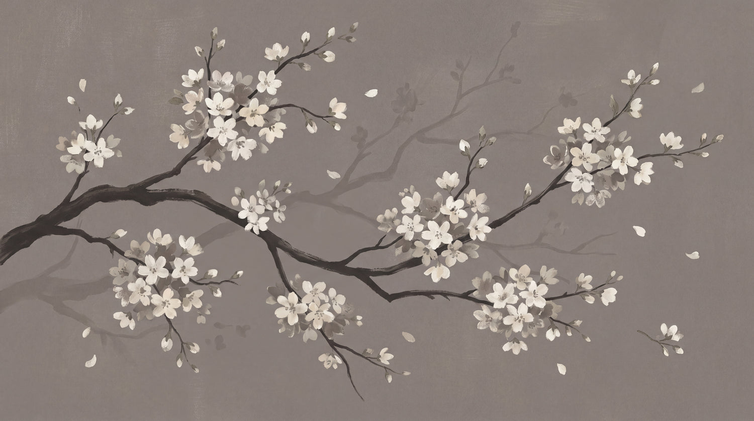 Hushed Petals - Gray Cherry Blossom Wallpaper - Minimalist Floral Botanical Flower Peel and Stick Mural - Design