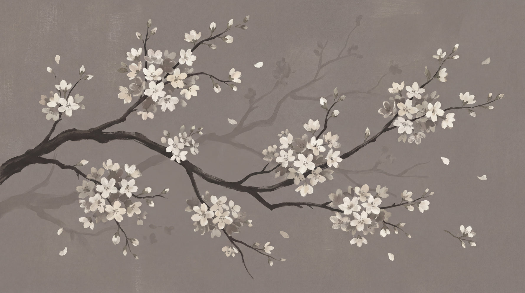 Hushed Petals - Gray Cherry Blossom Wallpaper - Minimalist Floral Botanical Flower Peel and Stick Mural - Design