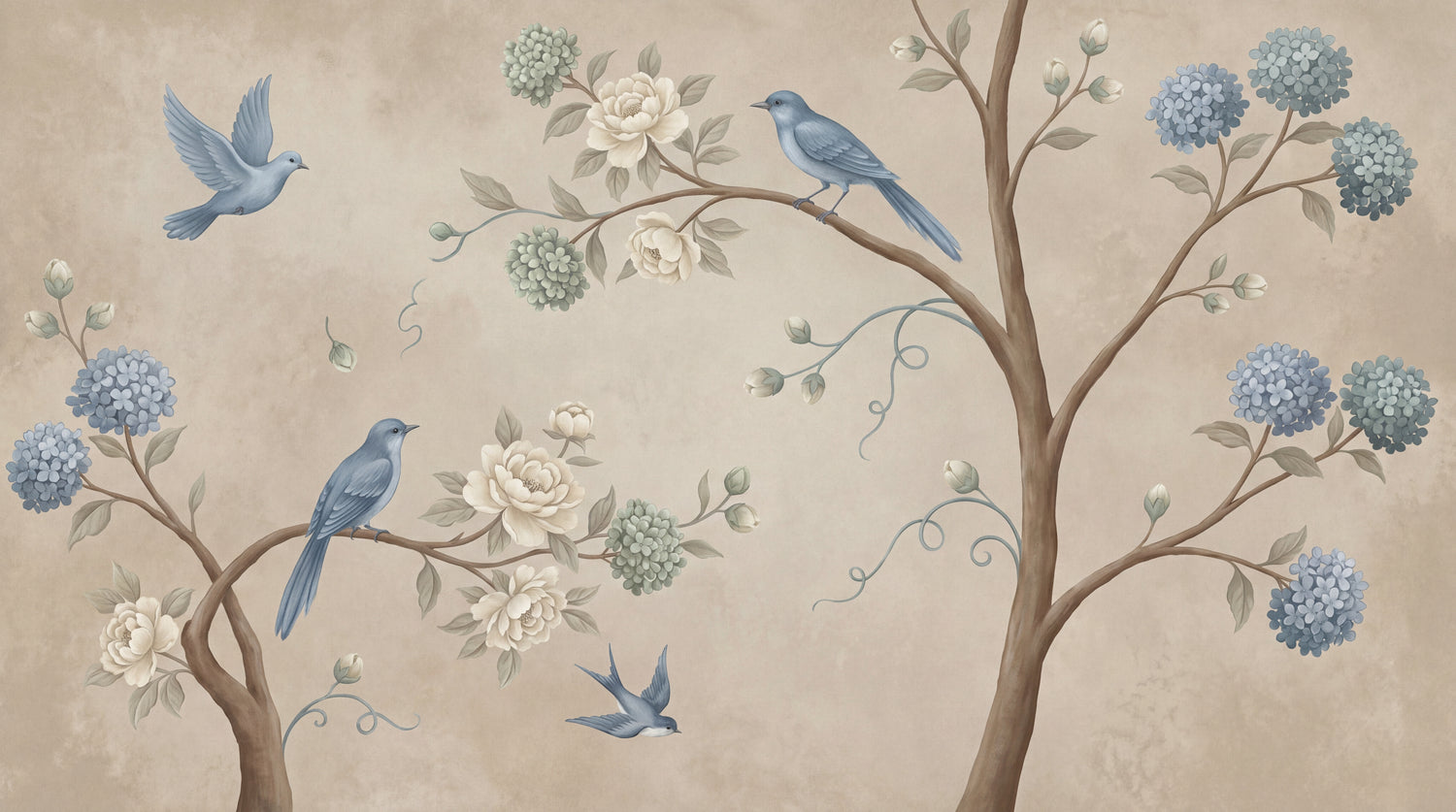 Hydrangea Hush Beige Chinoiserie Wallpaper - Vintage Floral Botanical Flower Wall Mural - Design