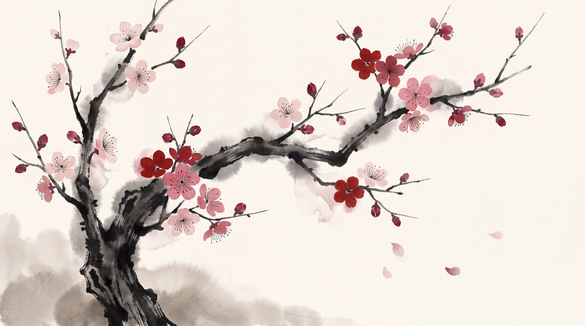 Ink Bloom - Pink Cherry Blossom Wallpaper - Minimalist Floral Peel and Stick Aesthetic Flower Mural - Design