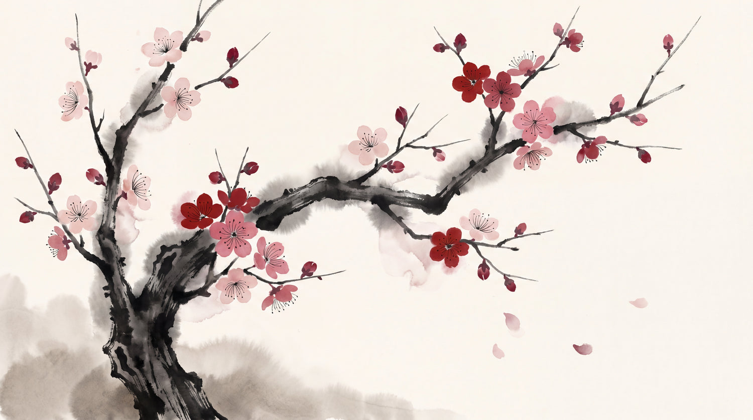 Ink Bloom - Pink Cherry Blossom Wallpaper - Minimalist Floral Peel and Stick Aesthetic Flower Mural - Design