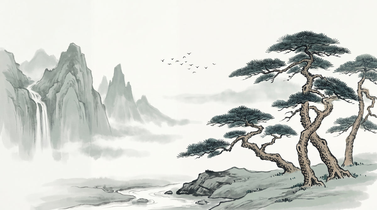 Ink Mountain Ascent Gray Landscape Wallpaper - Chinoiserie Scenery Wallpaper Japanese Wall Mural Peel and Stick - Design