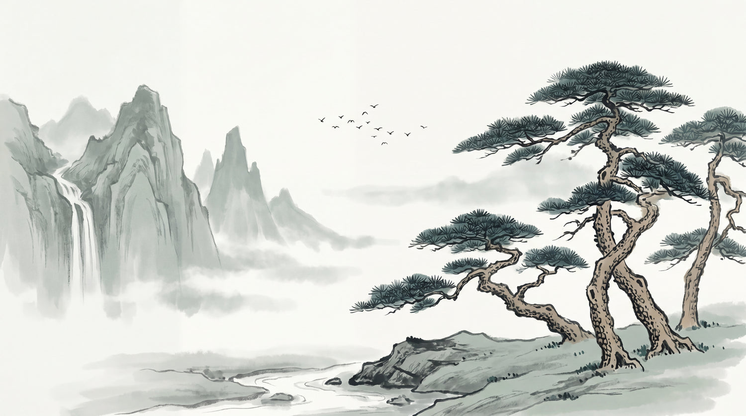 Ink Mountain Ascent Gray Landscape Wallpaper - Chinoiserie Scenery Wallpaper Japanese Wall Mural Peel and Stick - Design