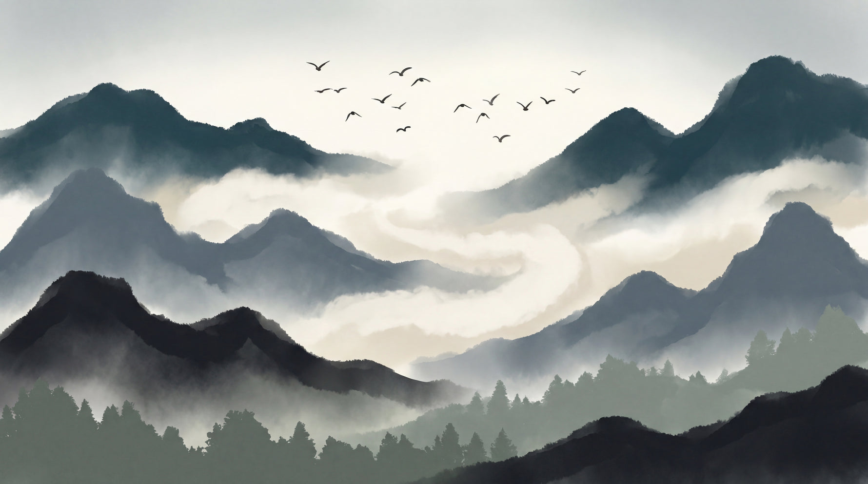 Ink Summit Flight - Gray Mountain Wallpaper - Misty Landscape Wallpaper Peel and Stick Forest Scenery Wall Mural - Design