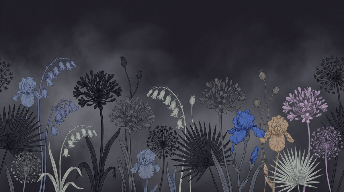 Inkfall Garden Dark Floral Wallpaper - Black Flower Wall Mural Peel and Stick Dark Blue Aesthetic - Design