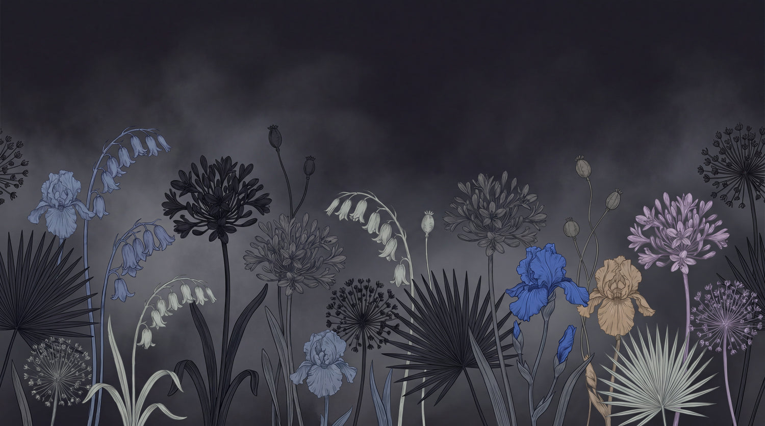 Inkfall Garden Dark Floral Wallpaper - Black Flower Wall Mural Peel and Stick Dark Blue Aesthetic - Design