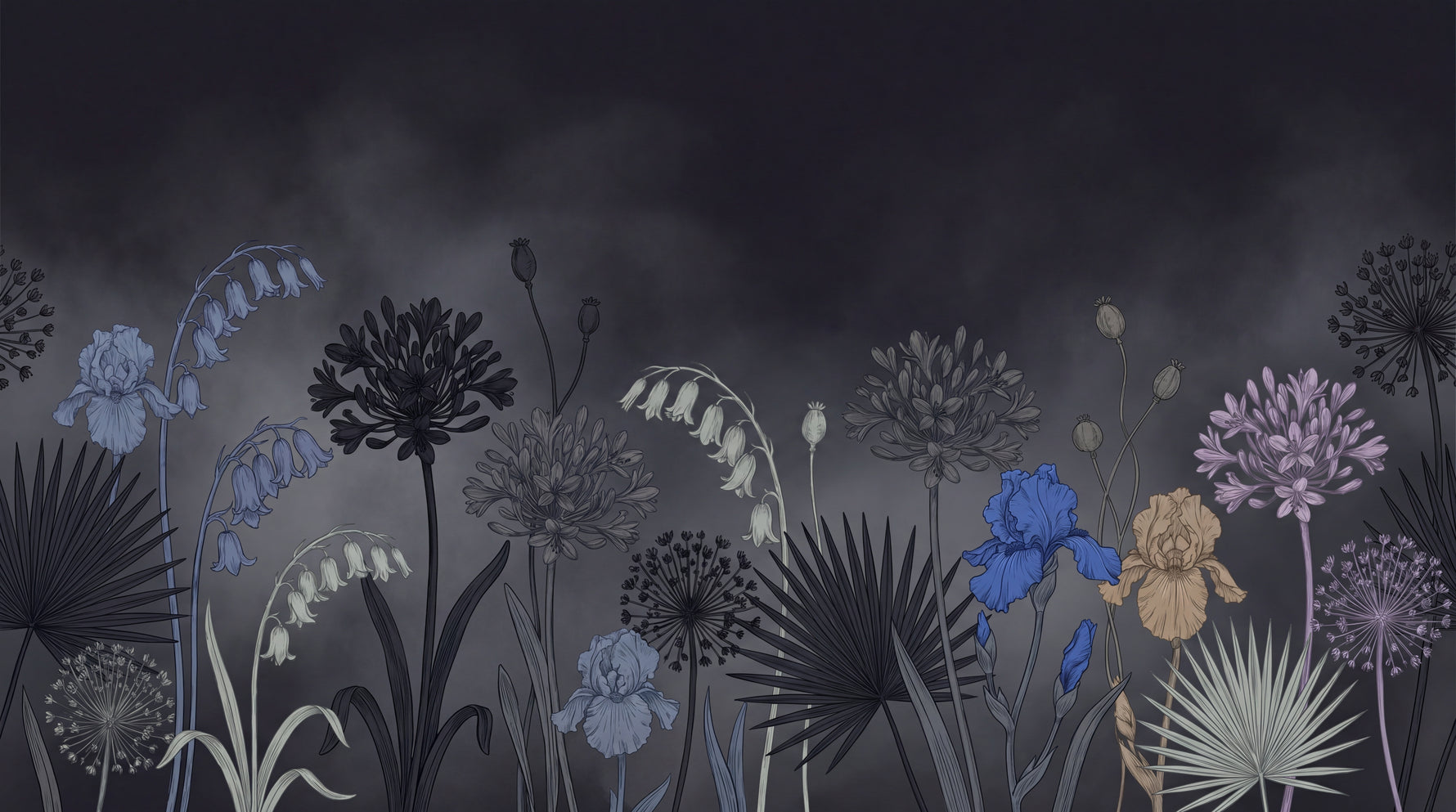 Inkfall Garden Dark Floral Wallpaper - Black Flower Wall Mural Peel and Stick Dark Blue Aesthetic - Design