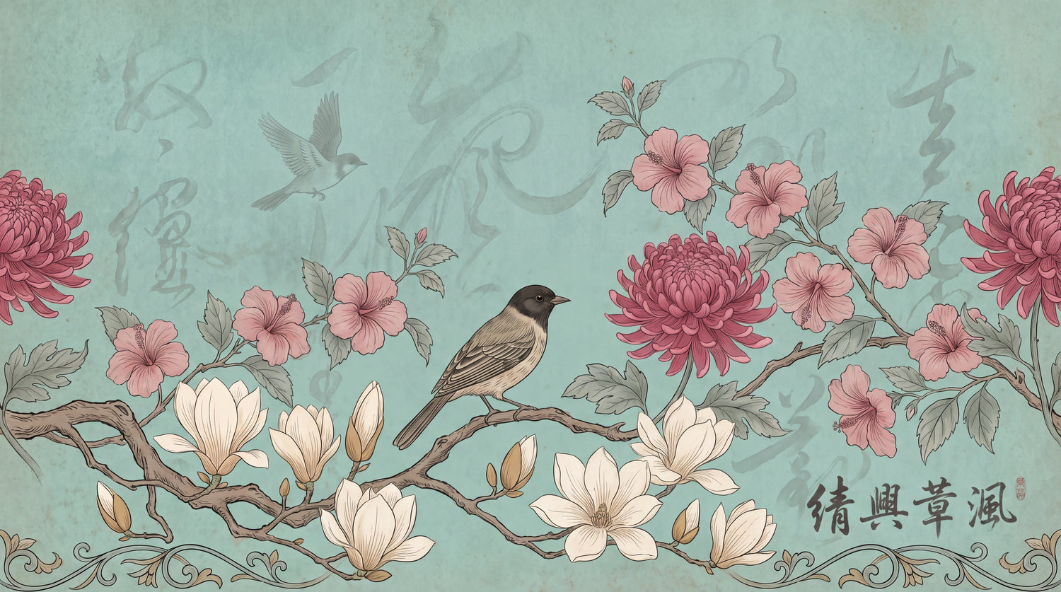 Inkwash Serenade Blue Chinoiserie Wallpaper - Vintage Japanese Floral Magnolia Botanical Peel and Stick Mural - Design