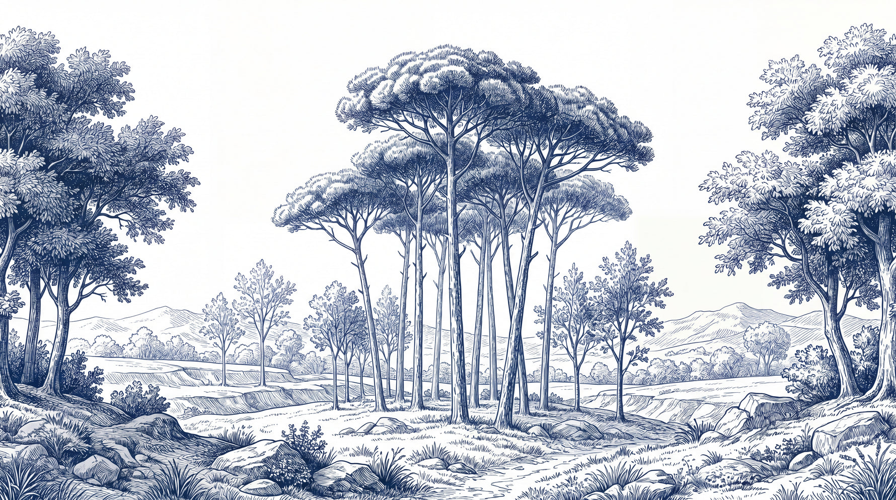 Inkwell Horizon Blue Forest Wallpaper - Landscape Scenery Woodland Botanical Wall Mural - Design