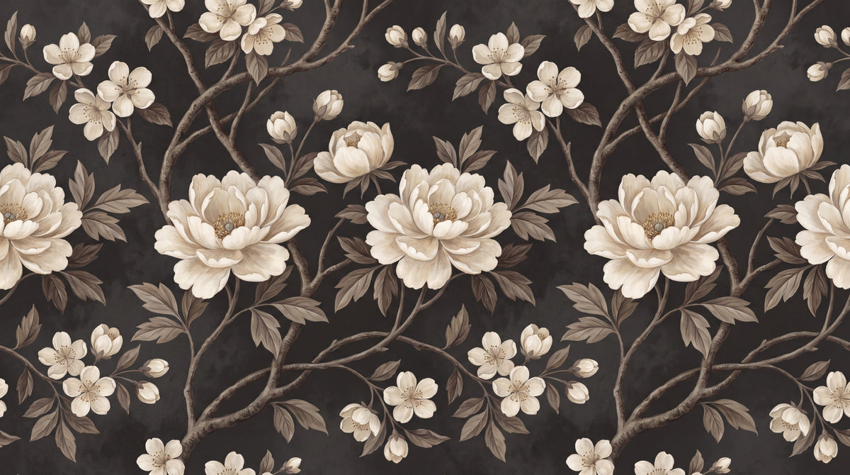 Inkwell Peony Dark Chinoiserie Wallpaper - Vintage Floral Botanical Cherry Blossom Peel and Stick Wall Mural - Design