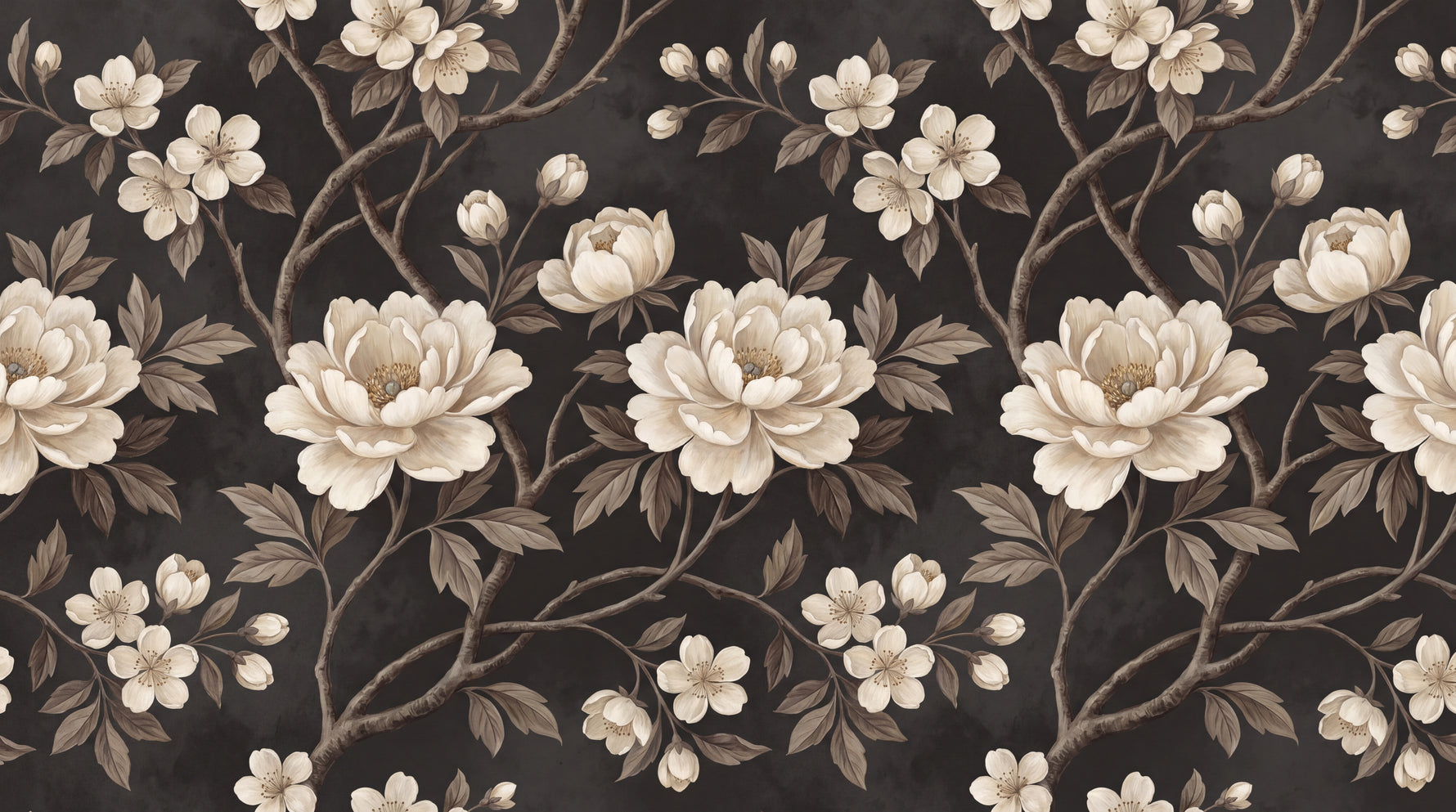 Inkwell Peony Dark Chinoiserie Wallpaper - Vintage Floral Botanical Cherry Blossom Peel and Stick Wall Mural - Design