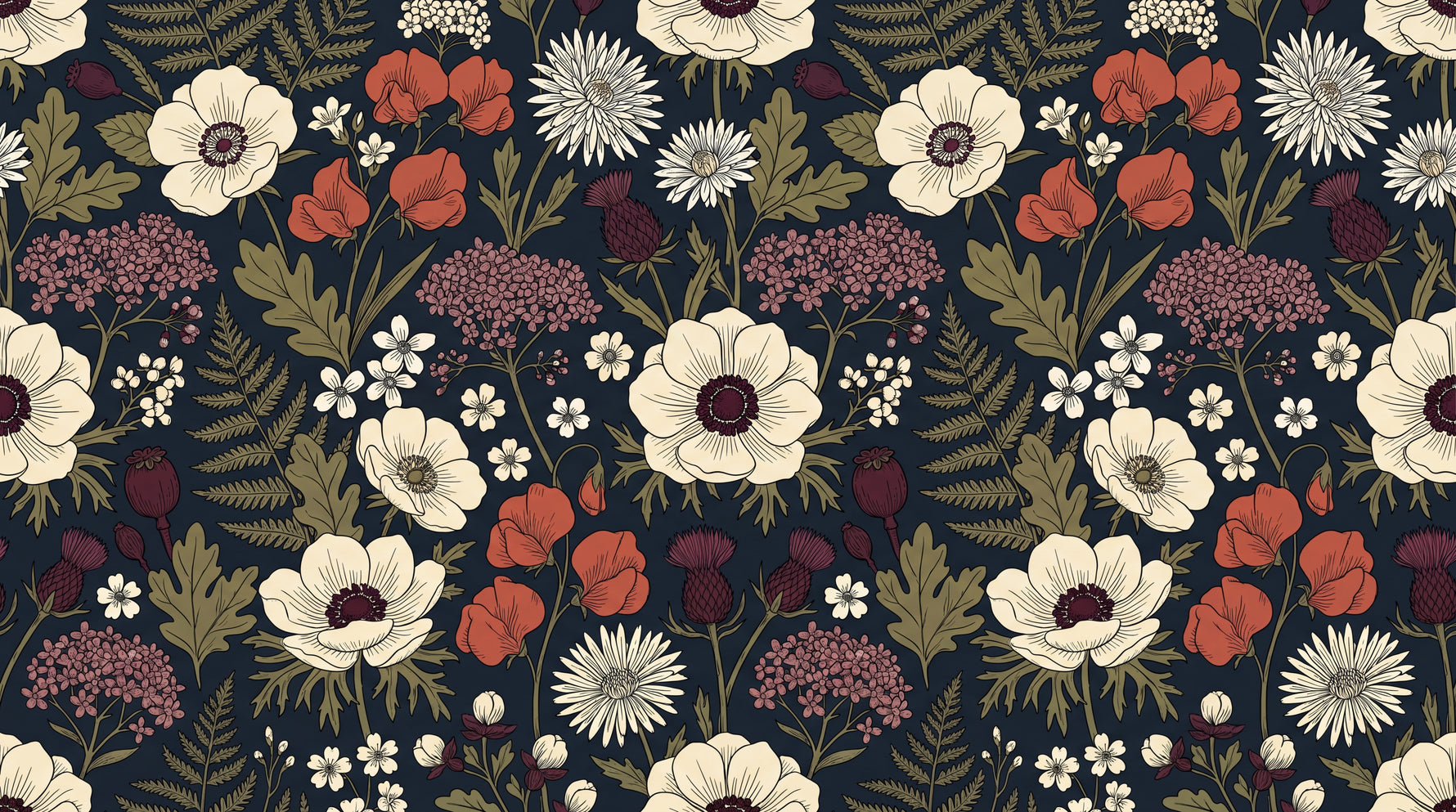 Inkwell Wildflower Dark Floral Wallpaper - Vintage Flower Peel and Stick Wall Mural - Design