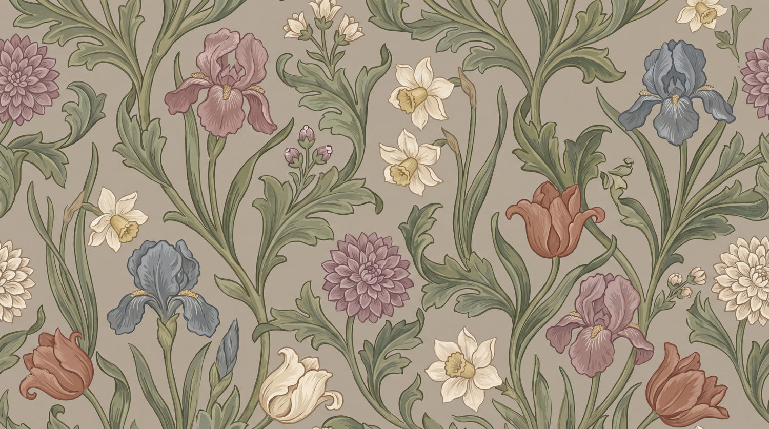 Iris Verse Beige Wallpaper - Vintage Floral Wallpaper Peel and Stick Victorian Botanical Flower Mural - Design