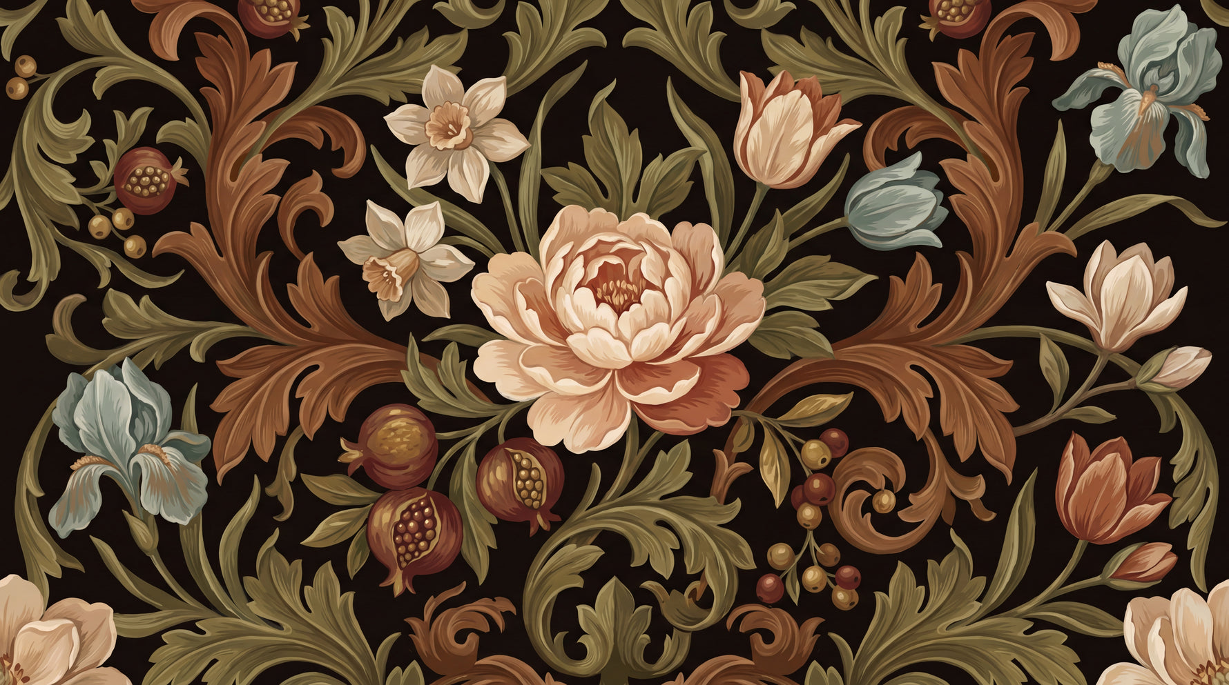 Ironbark Regalia Brown Victorian Wallpaper - Vintage Floral Damask Peel and Stick - Design