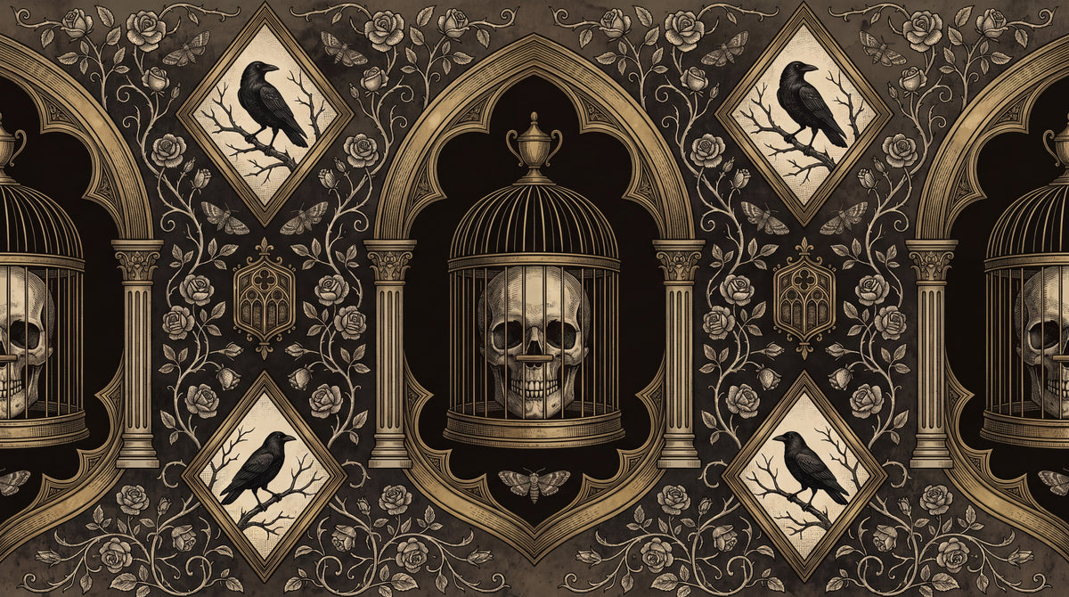 Ironwork Cathedral Brown Gothic Wallpaper - Victorian Skull Dark Academia Peel and Stick Mural - Design