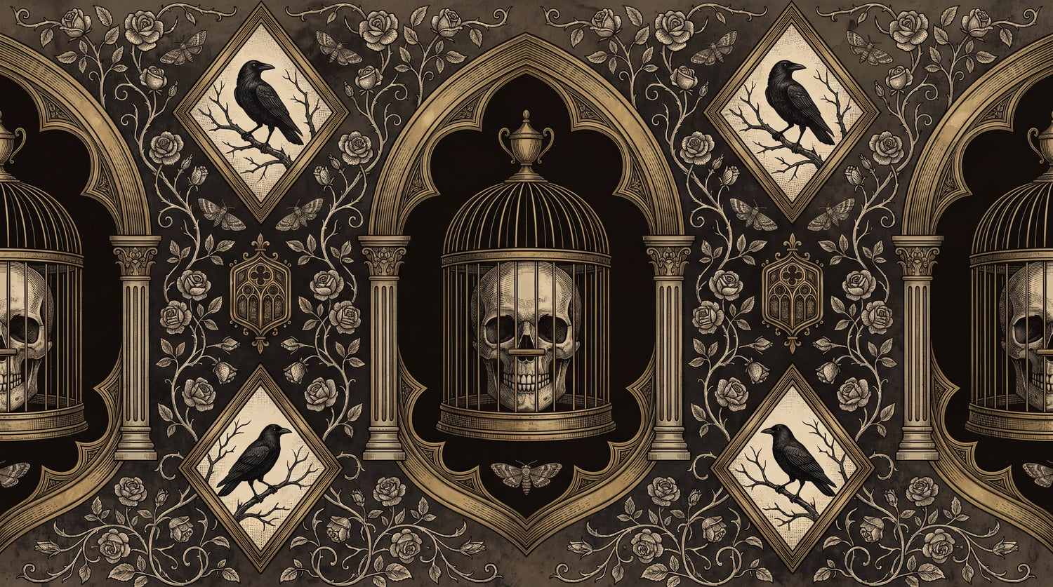 Ironwork Cathedral Brown Gothic Wallpaper - Victorian Skull Dark Academia Peel and Stick Mural - Design
