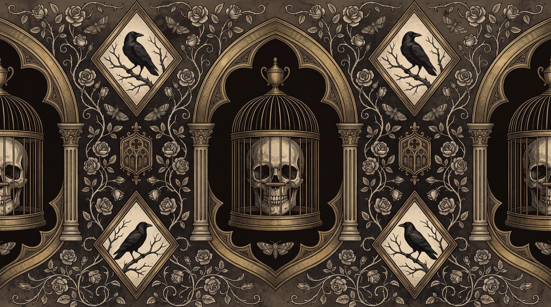 Ironwork Cathedral Brown Gothic Wallpaper - Victorian Skull Dark Academia Peel and Stick Mural - Design