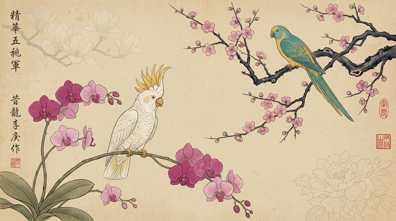 Ivory Quill Beige Chinoiserie Wallpaper - Vintage Japanese Botanical Wall Mural Peel and Stick - Design
