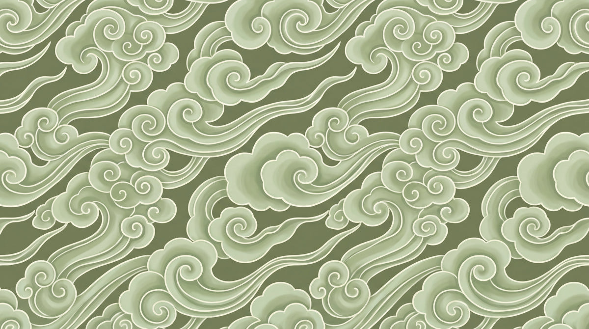 Jade Murmuration Green Chinoiserie Wallpaper - Sage Green Cloud Wallpaper Japanese Sky Peel and Stick Wall Mural - Design