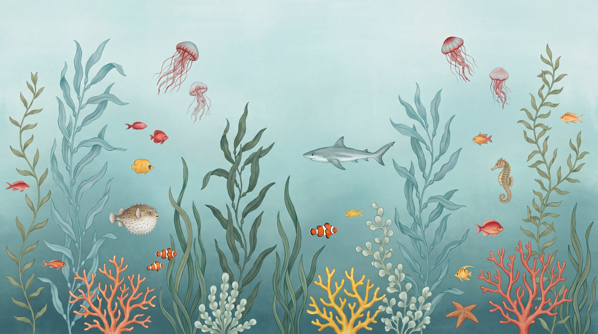 Kelp Lullaby Blue Fish Wallpaper - Watercolor Shark Animal Wall Mural Peel and Stick Removable - Design