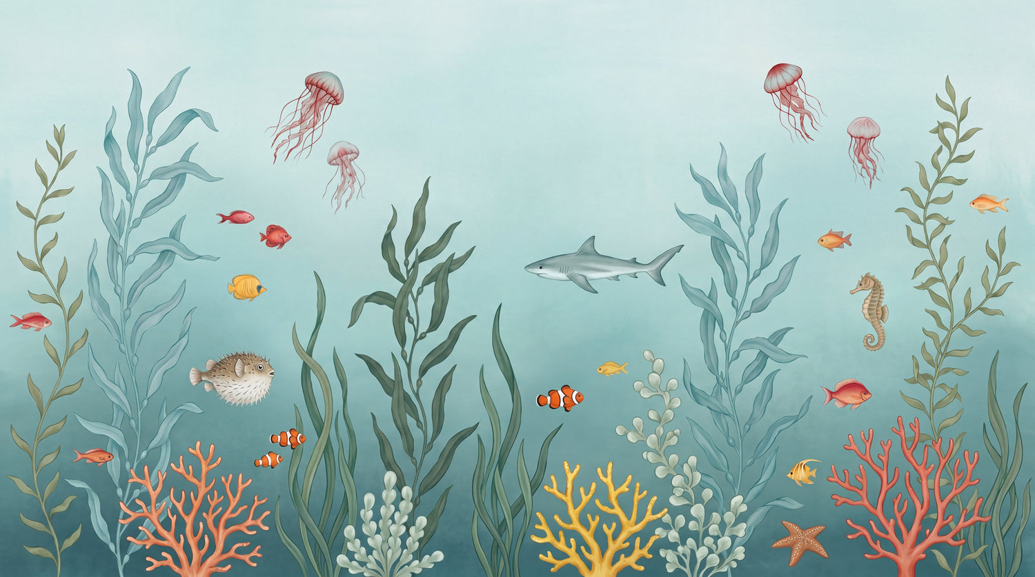 Kelp Lullaby Blue Fish Wallpaper - Watercolor Shark Animal Wall Mural Peel and Stick Removable - Design