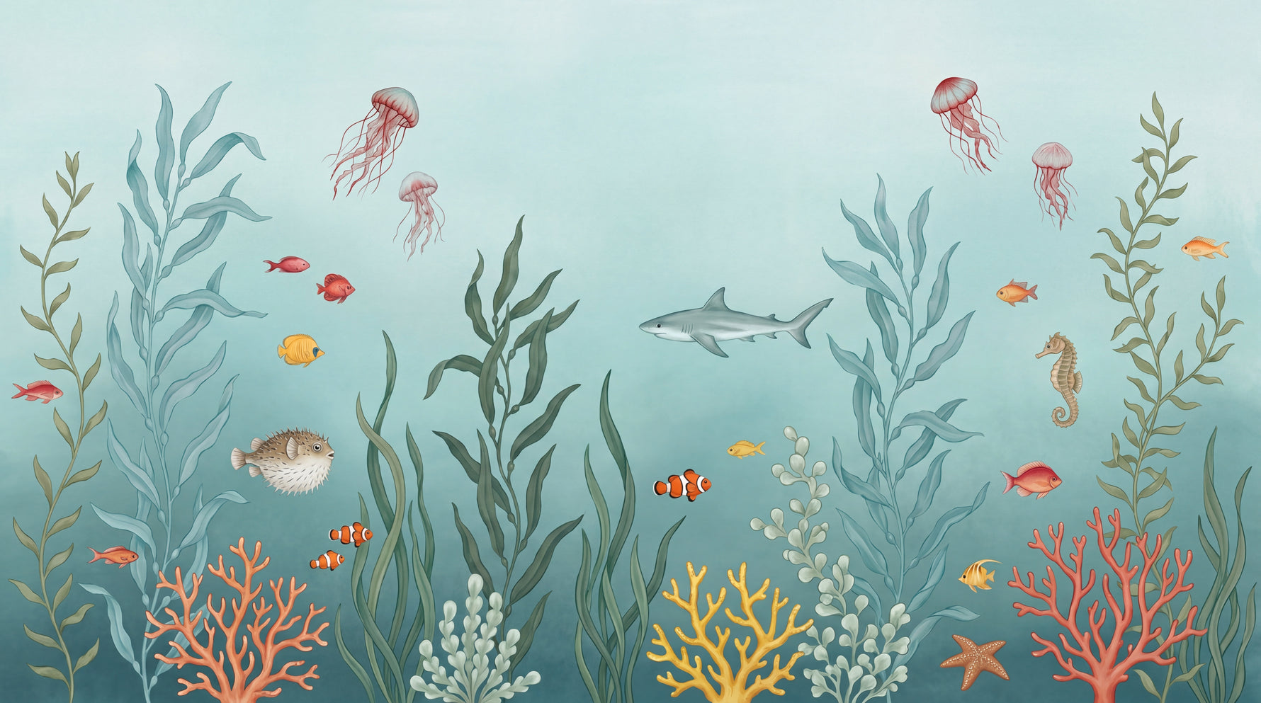 Kelp Lullaby Blue Fish Wallpaper - Watercolor Shark Animal Wall Mural Peel and Stick Removable - Design