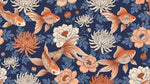 Koi Garden Navy - Japanese Fish Wallpaper - Navy Blue Floral Botanical Orange Flower Peel and Stick - Design