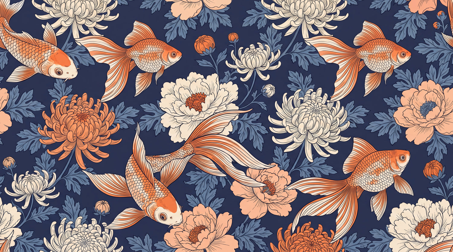 Koi Garden Navy - Japanese Fish Wallpaper - Navy Blue Floral Botanical Orange Flower Peel and Stick - Design
