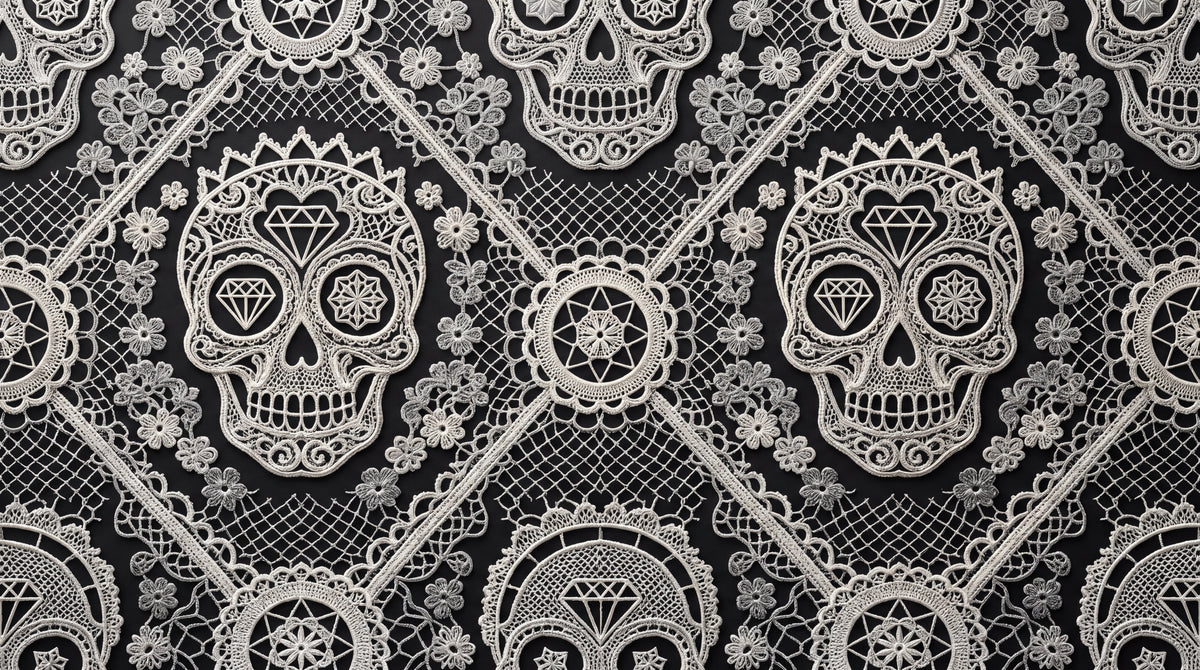 Lacework Calavera - Black Gothic Wallpaper Skull - Black Damask Floral Peel and Stick - Design