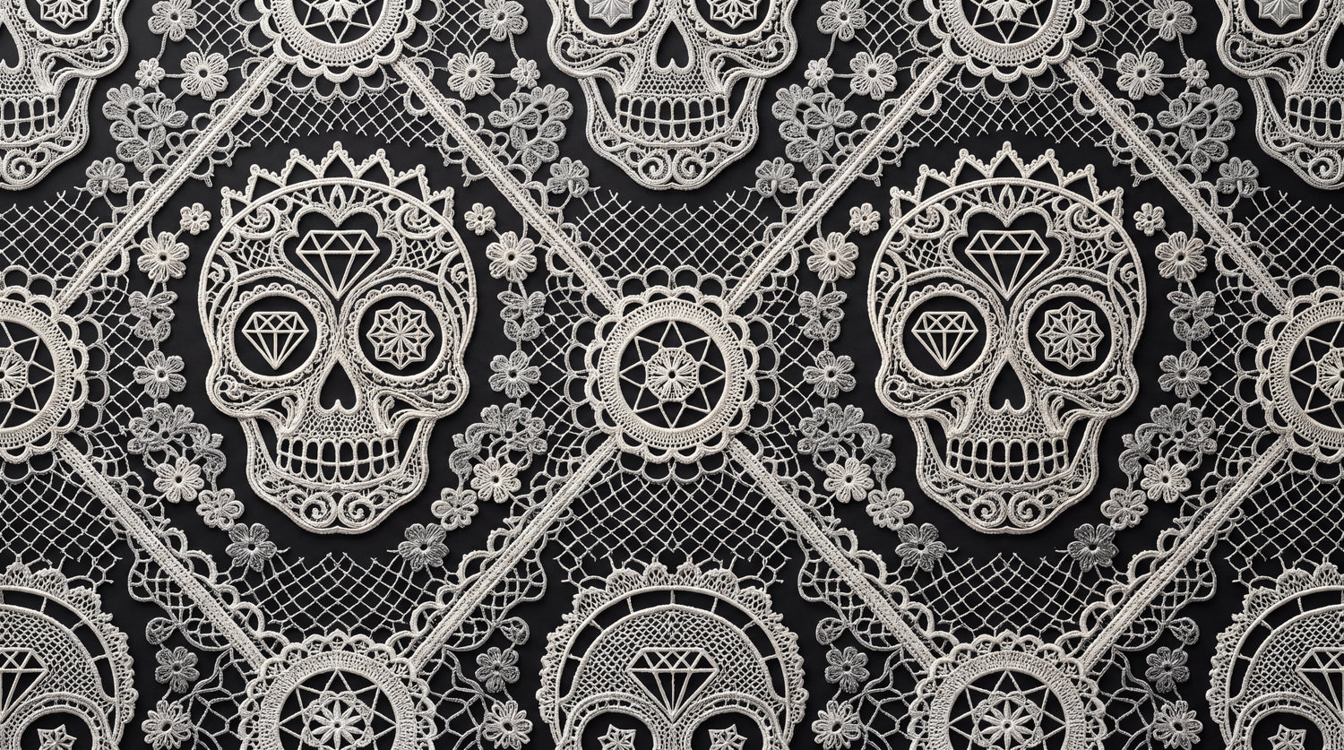Lacework Calavera - Black Gothic Wallpaper Skull - Black Damask Floral Peel and Stick - Design