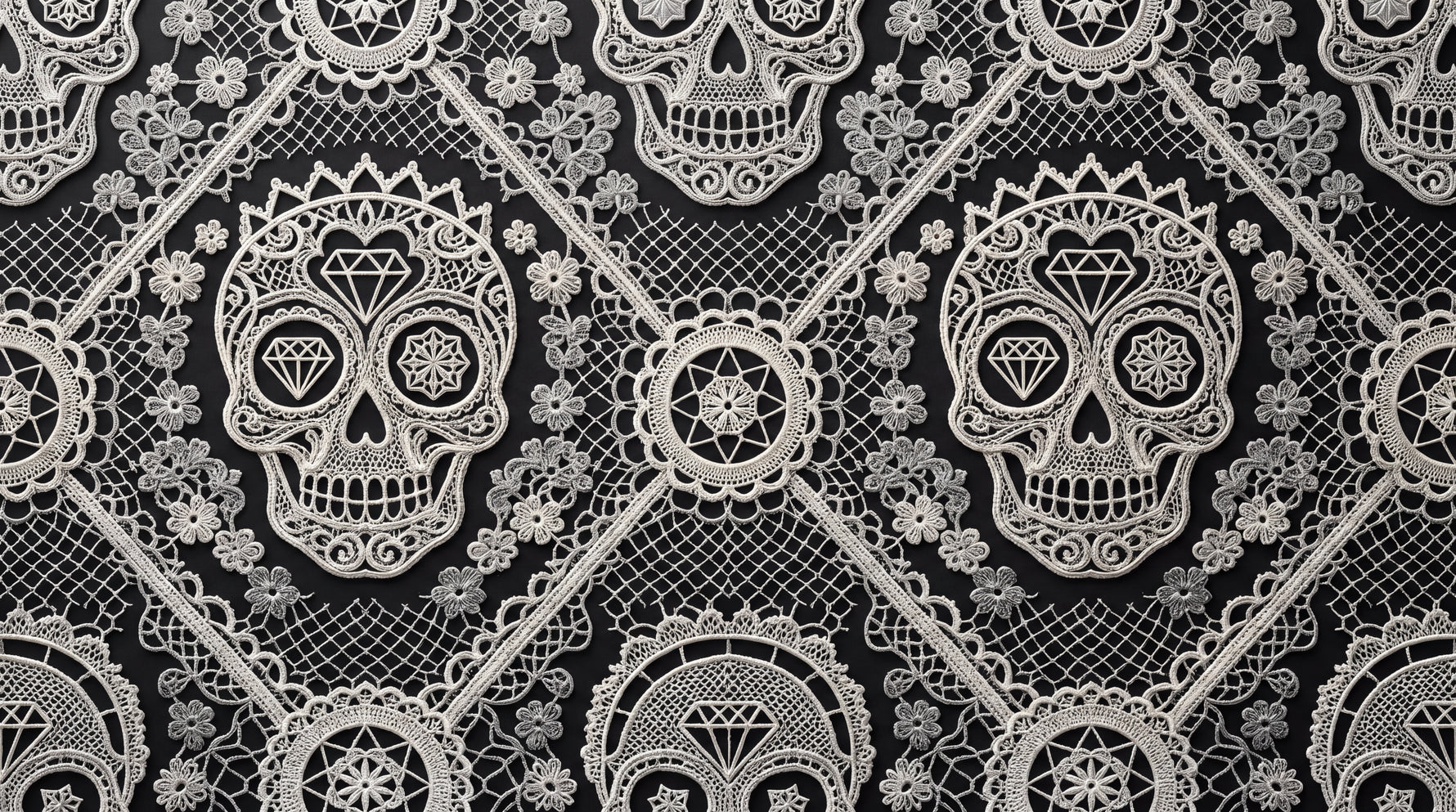 Lacework Calavera - Black Gothic Wallpaper Skull - Black Damask Floral Peel and Stick - Design
