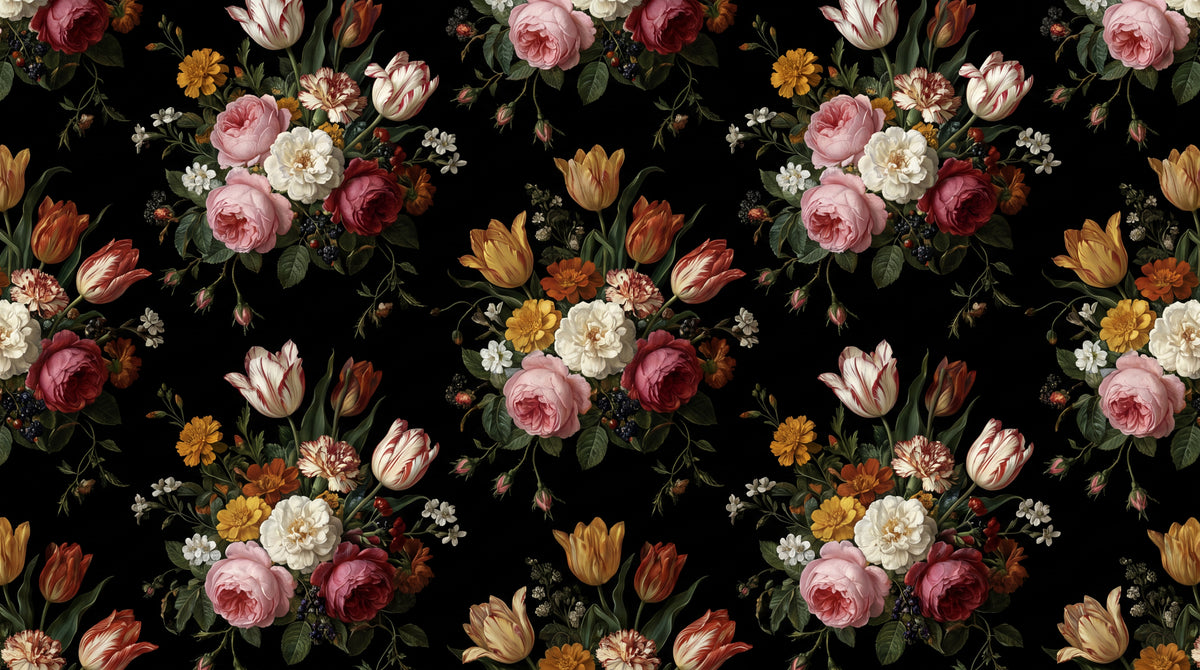 Lacquered Court Black Rose Wallpaper - Dark Floral Vintage Peel and Stick Pink Red Wall Mural - Design