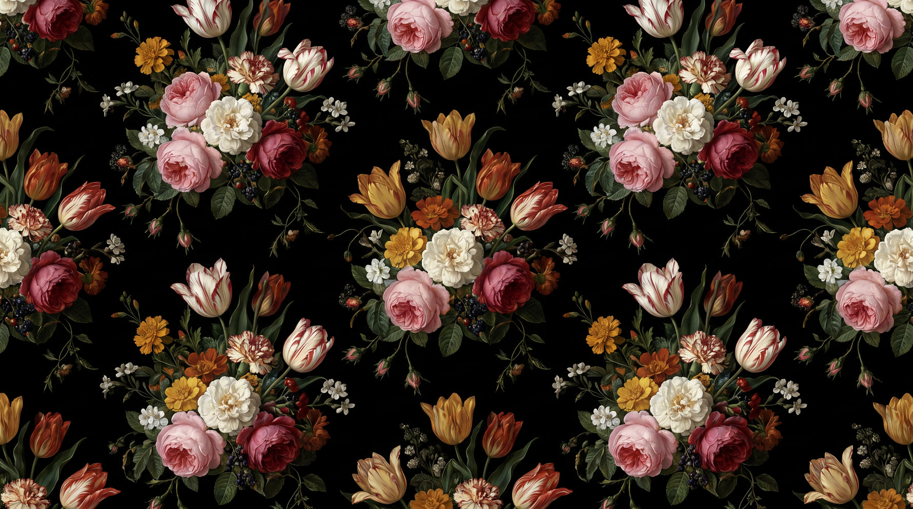 Lacquered Court Black Rose Wallpaper - Dark Floral Vintage Peel and Stick Pink Red Wall Mural - Design