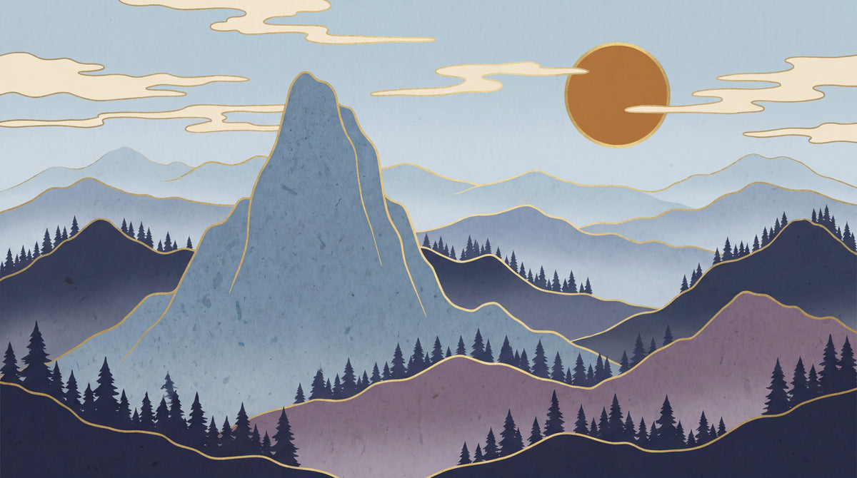 Lacquered Moonrise Blue Mountain Wallpaper - Minimalist Landscape Scenery Peel and Stick Wall Mural - Design