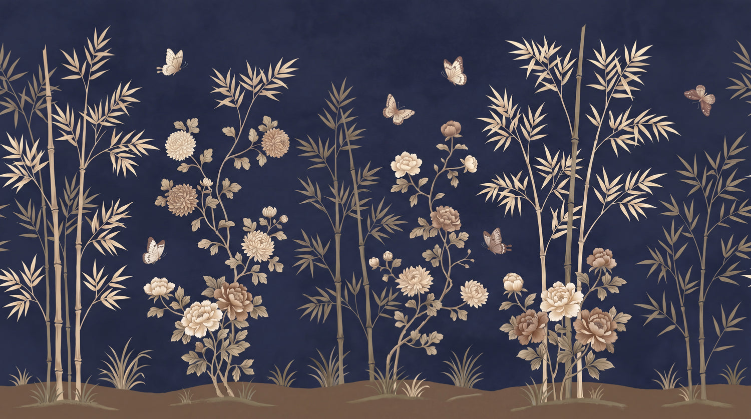 Lacquered Nightfall Blue Chinoiserie Wallpaper - Navy Floral Japanese Botanical Beige Peel and Stick - Design