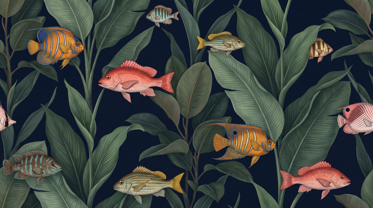 Lantern Fins Midnight Fish Wallpaper - Dark Botanical Wallpaper Peel and Stick Leaf Animal Mural - Design