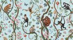 Lantern Vines Blue Monkey Wallpaper - Chinoiserie Botanical Animal Tropical Peel and Stick Wall Mural - Design