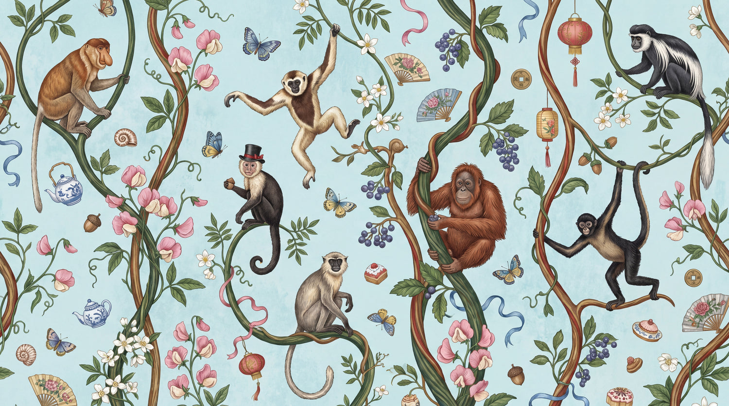Lantern Vines Blue Monkey Wallpaper - Chinoiserie Botanical Animal Tropical Peel and Stick Wall Mural - Design