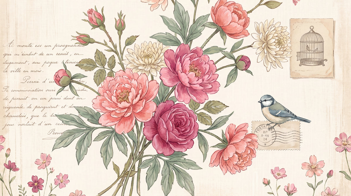 Letter Songbird Pink Vintage Wallpaper - Floral Rose Bird Botanical Peel and Stick Wall Mural - Design