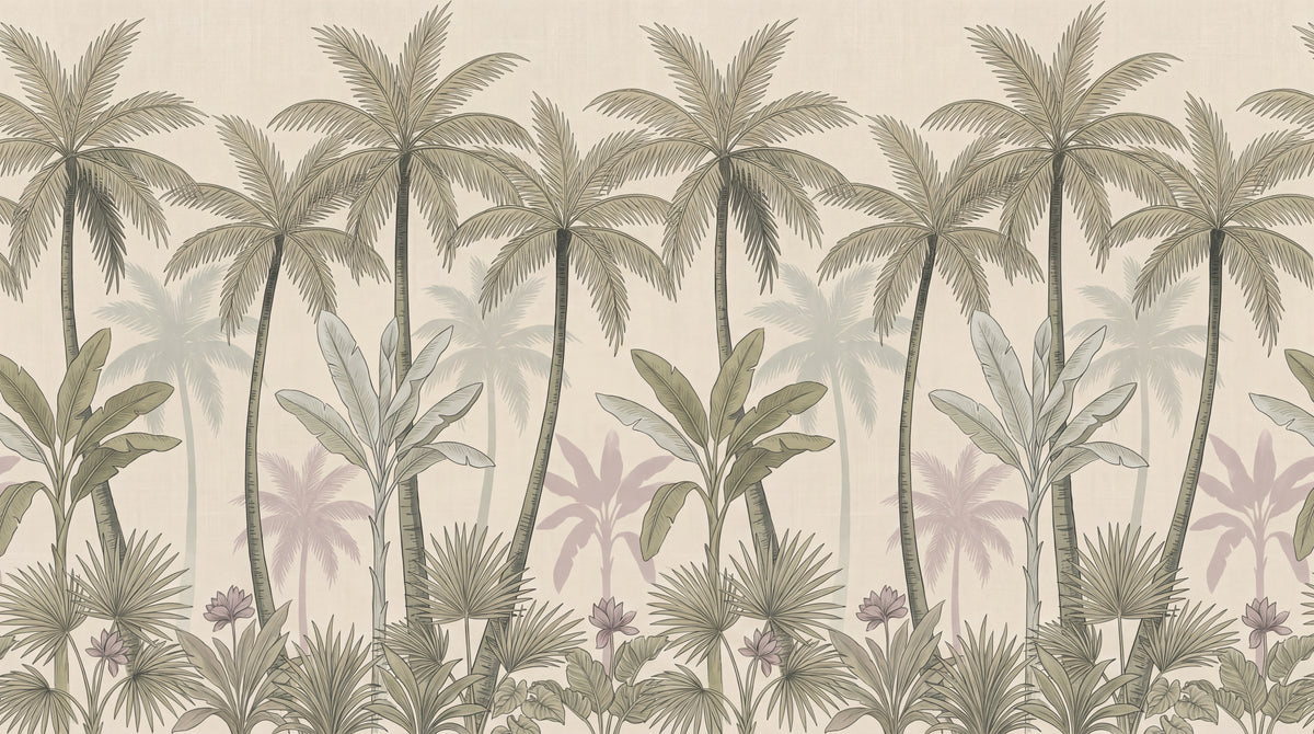 Linen Grove Beige Tropical Wallpaper - Palm Tree Jungle Botanical Vintage Peel and Stick Wall Mural - Design