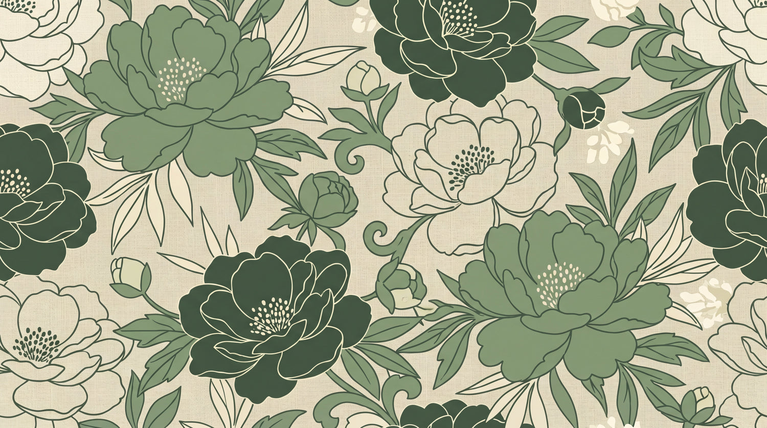 Linen Peony Green Floral Wallpaper - Sage Green Vintage Flower Wallpaper Peel and Stick - Design