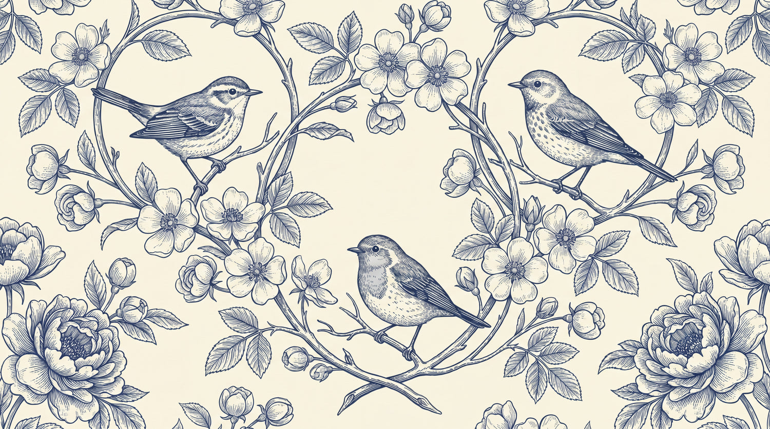 Linen Sparrows Blue Floral Wallpaper - Navy Blue Vintage Rose Botanical Peel and Stick Wall Mural - Design