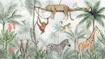 Little Canopy Wanderers Nursery Wallpaper for Kids - Green Jungle Safari Tropical Leopard Elephant Wall Mural - Design