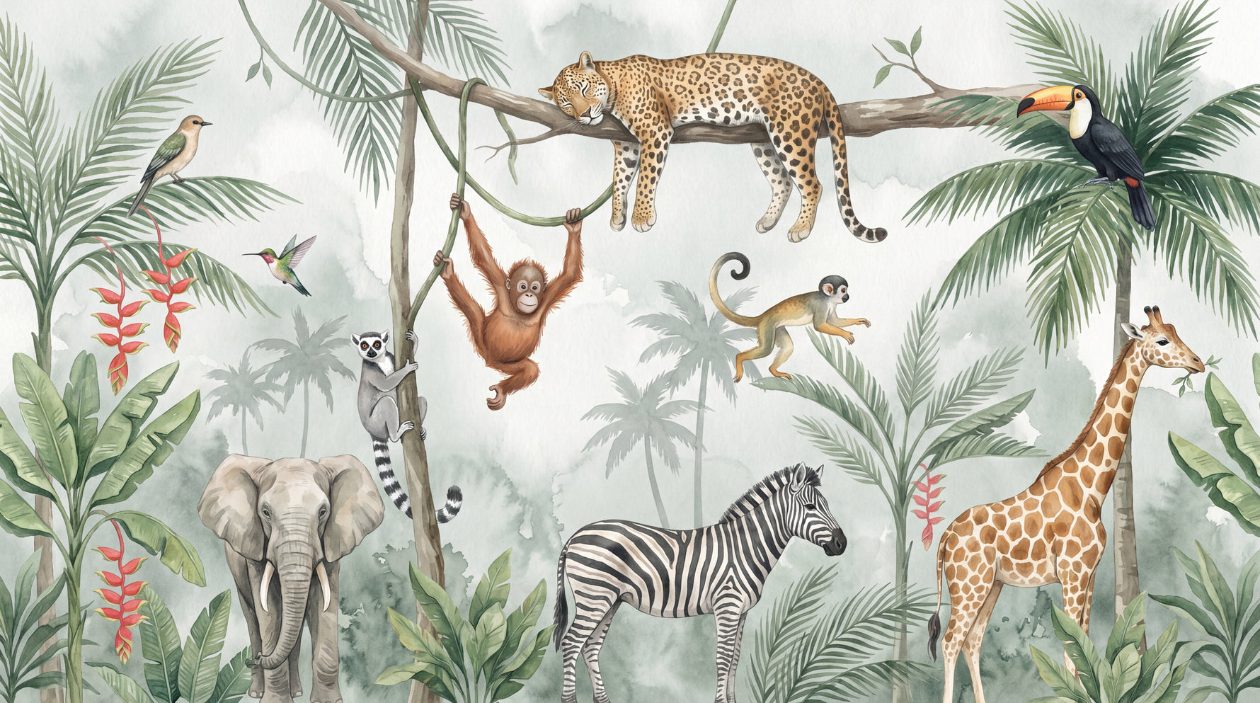 Little Canopy Wanderers Nursery Wallpaper for Kids - Green Jungle Safari Tropical Leopard Elephant Wall Mural - Design